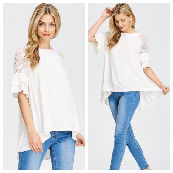 ✨NEW✨ High Low Tunic w/ Lace Detail Bell Sleeves - Picture 1 of 4